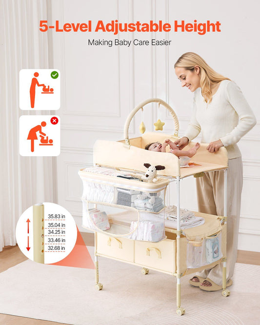 Baby Changing Table, Foldable Diaper Change Station with 2 Fabric Drawers, Side Basket & Hanging Rod, Adjustable Height Portable Changing Table with Lockable Wheels & 2 Star Toys, Light Beige