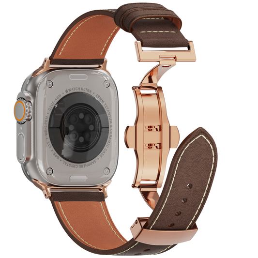 Genuine Leather Butterfly Clasp Band for Apple Watch,Rose Gold