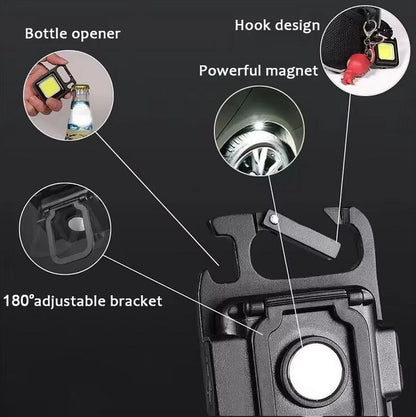 2-Pack Rechargeable COB Keychain Work Lights – EDC Flashlight with Folding Stand & Bottle Opener for Camping, Fishing, and Emergencies