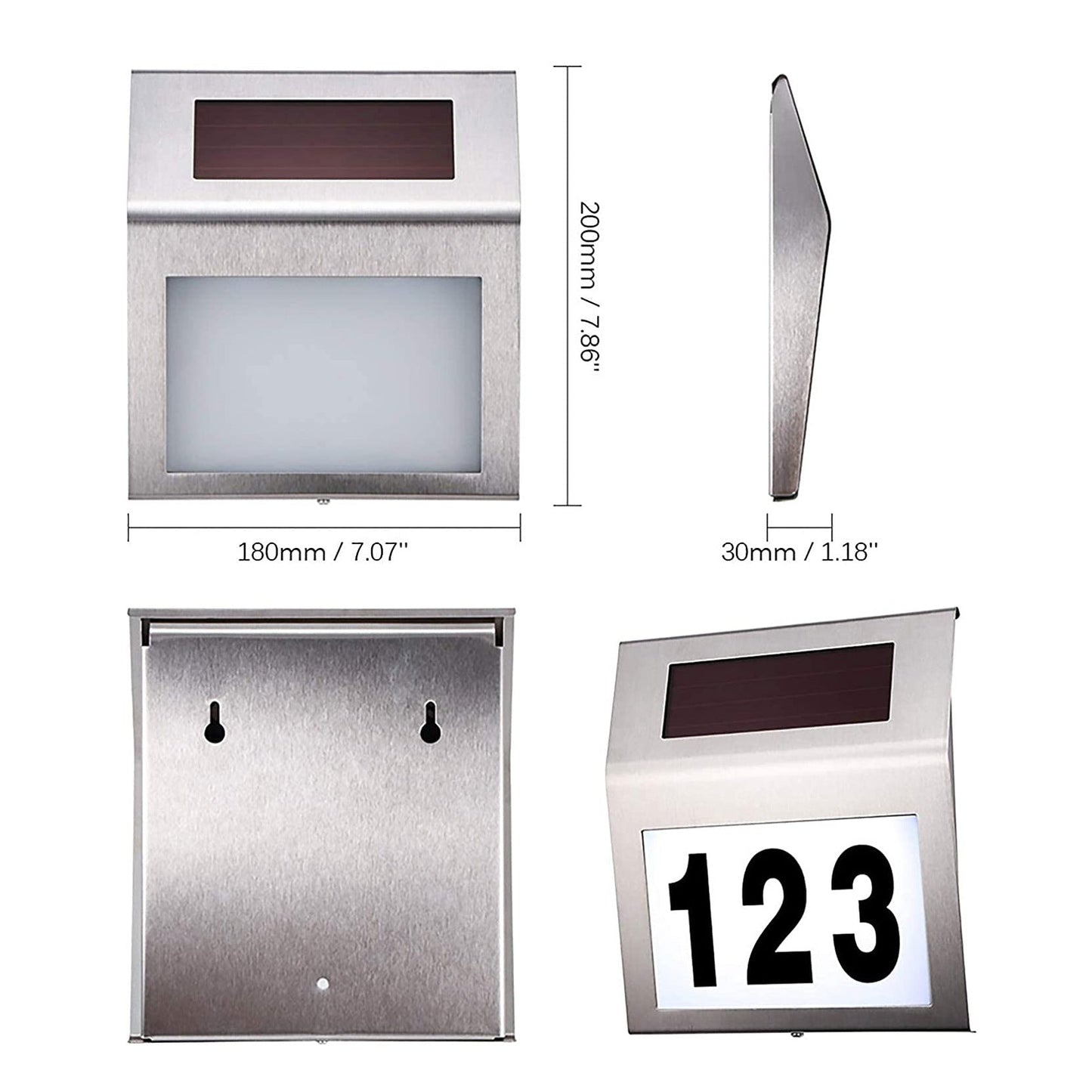 Solar LED Address Sign – Stainless Steel House Number Light with White LEDs, Waterproof, Customizable Numbers & Letters, Auto On/Off, 7.86 x 7.07 Inches
