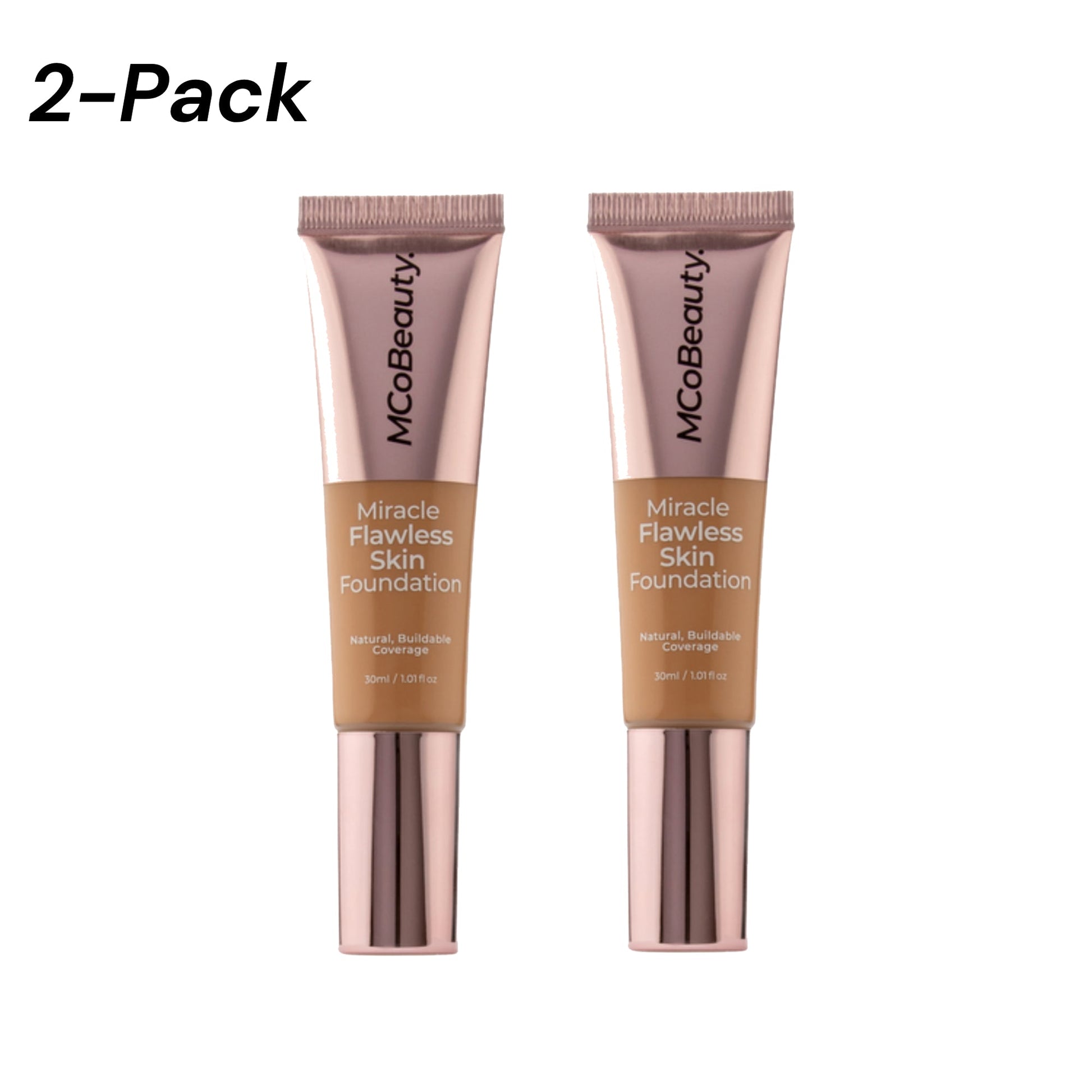 Two MCoBeauty Miracle Flawless Skin Foundation tubes on a white background